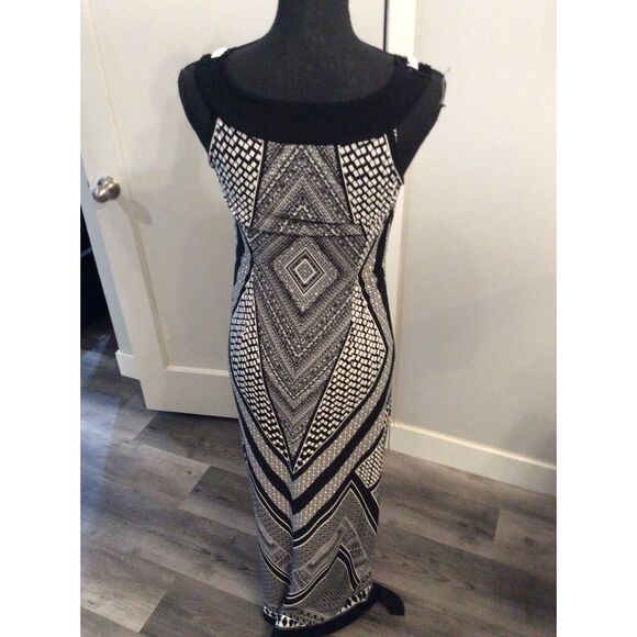 Sandra Darren 6P Maxi Black White print Geometric Dress lace Trim Neckline - Picture 2 of 5